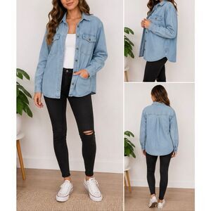 Lucky Brand Chambray Utility Shirt Jacket Large Light Wash Shacket
